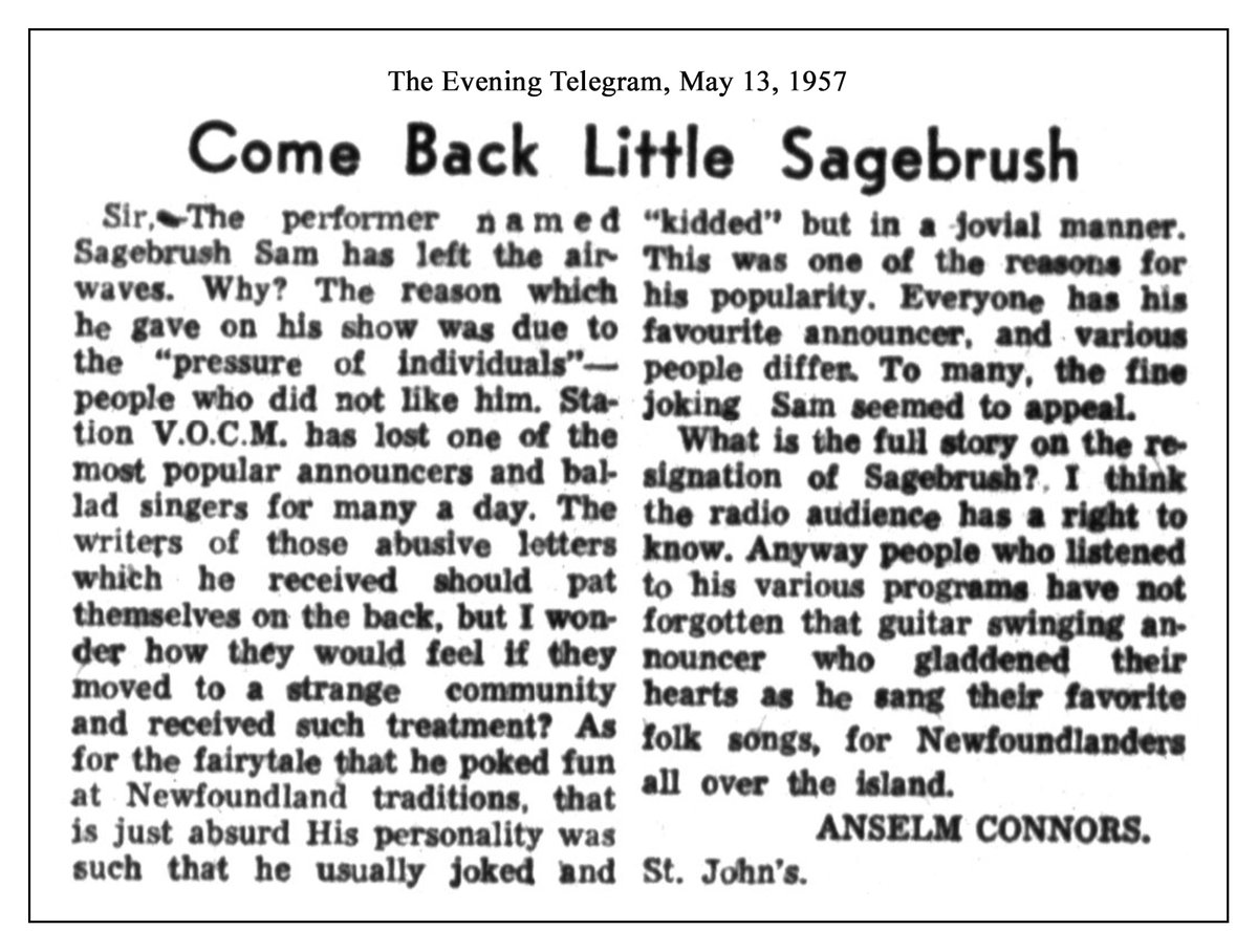 NewFound Records (@newfoundrecords) on Twitter photo Today (May 13) in #NLMusicHistory...
In 1957, a writer to the editor of The Evening Telegram said that VOCM had lost one of NL's most popular ballad singers & announcers when SAGEBRUSH SAM resigned.
<a href="/CampbellCritch/">Mike Critch Campbell</a> <a href="/vocmhart/">Terry Hart</a> <a href="/590VOCM/">YOUR VOCM</a> <a href="/markcritch/">Mark Critch</a>
#SagebrushSam #OmarBlondahl Today (May 13) in #NLMusicHistory...
In 1957, a writer to the editor of The Evening Telegram said that VOCM had lost one of NL's most popular ballad singers & announcers when SAGEBRUSH SAM resigned.
<a href="/CampbellCritch/">Mike Critch Campbell</a> <a href="/vocmhart/">Terry Hart</a> <a href="/590VOCM/">YOUR VOCM</a> <a href="/markcritch/">Mark Critch</a>
#SagebrushSam #OmarBlondahl