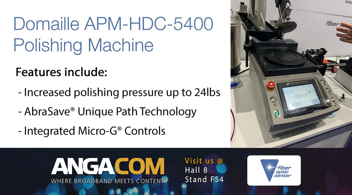 Efficiently polish a large volume of #connectors with the Domaille APM-HDC-5400 Polishing Machine. 

Schedule a demo during #ANGACOM at Booth F54 in Hall 8: bit.ly/4cTxSIO 

Not attending ANGA COM? Request a demo here: bit.ly/4jQQGuw

#polishing #fiberoptics