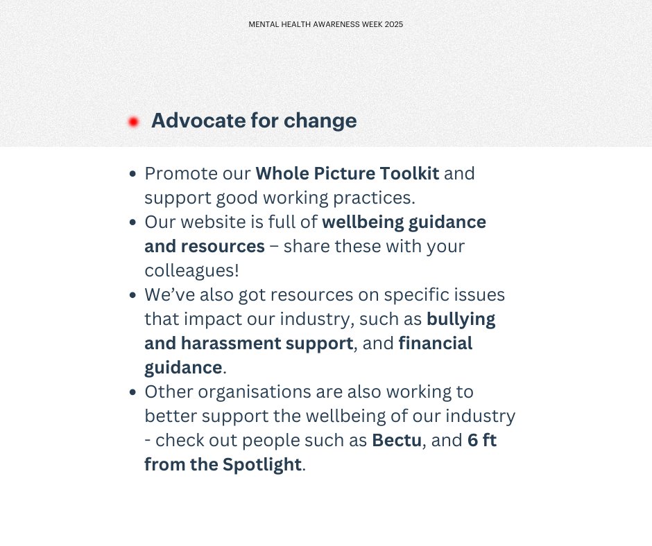 FilmTVCharity's tweet image. ❗ Mental Health in our industry should be a priority. 

✔️ By making structural changes in the workplace, we can foster a supportive environment where everyone’s wellbeing is valued.

✈️   Whether it’s utilising our resources, offering support to others, or advocating for…