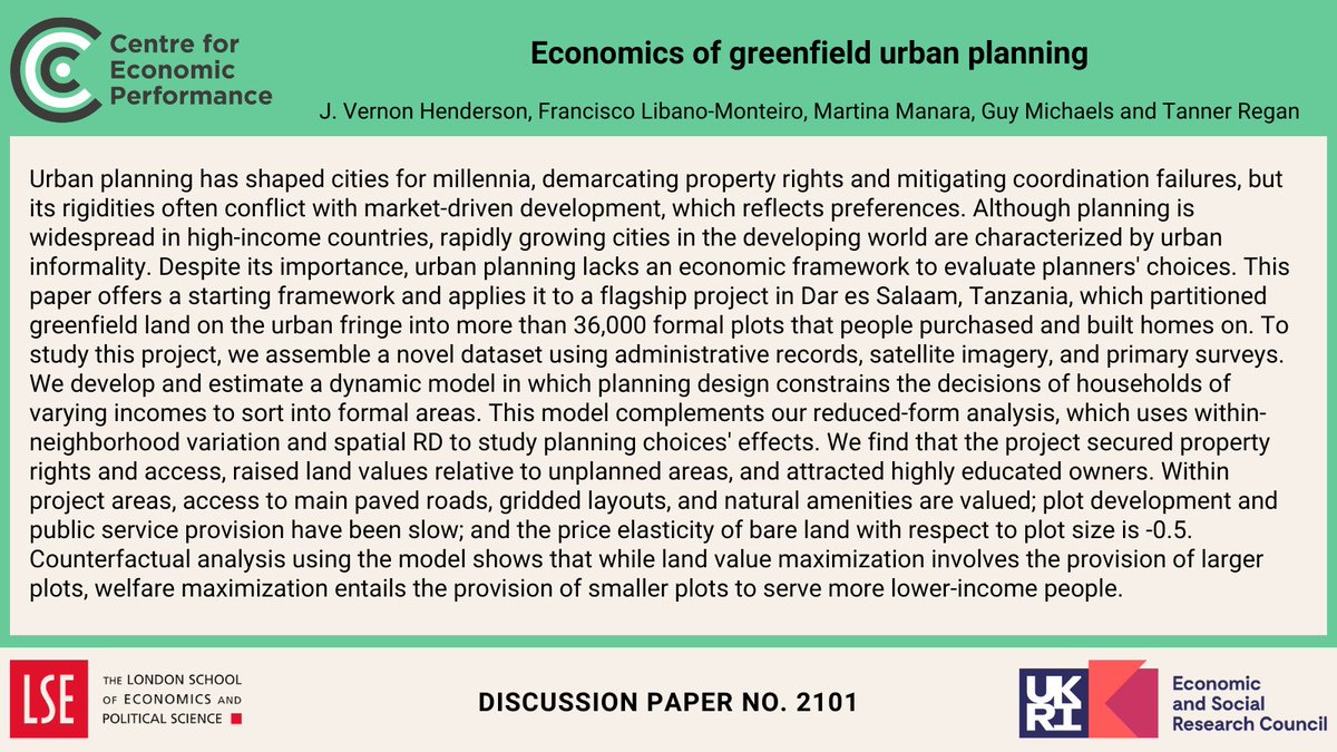 Centre for Economic Performance (@cep_lse) on Twitter photo Economics of greenfield urban planning
By J. Vernon Henderson, Francisco Libano-Monteiro, Martina Manara, Guy Michaels and <a href="/tannerwdregan/">Tanner Regan</a>
Read at: ow.ly/qm0g50VOi8T Economics of greenfield urban planning
By J. Vernon Henderson, Francisco Libano-Monteiro, Martina Manara, Guy Michaels and <a href="/tannerwdregan/">Tanner Regan</a>
Read at: ow.ly/qm0g50VOi8T
