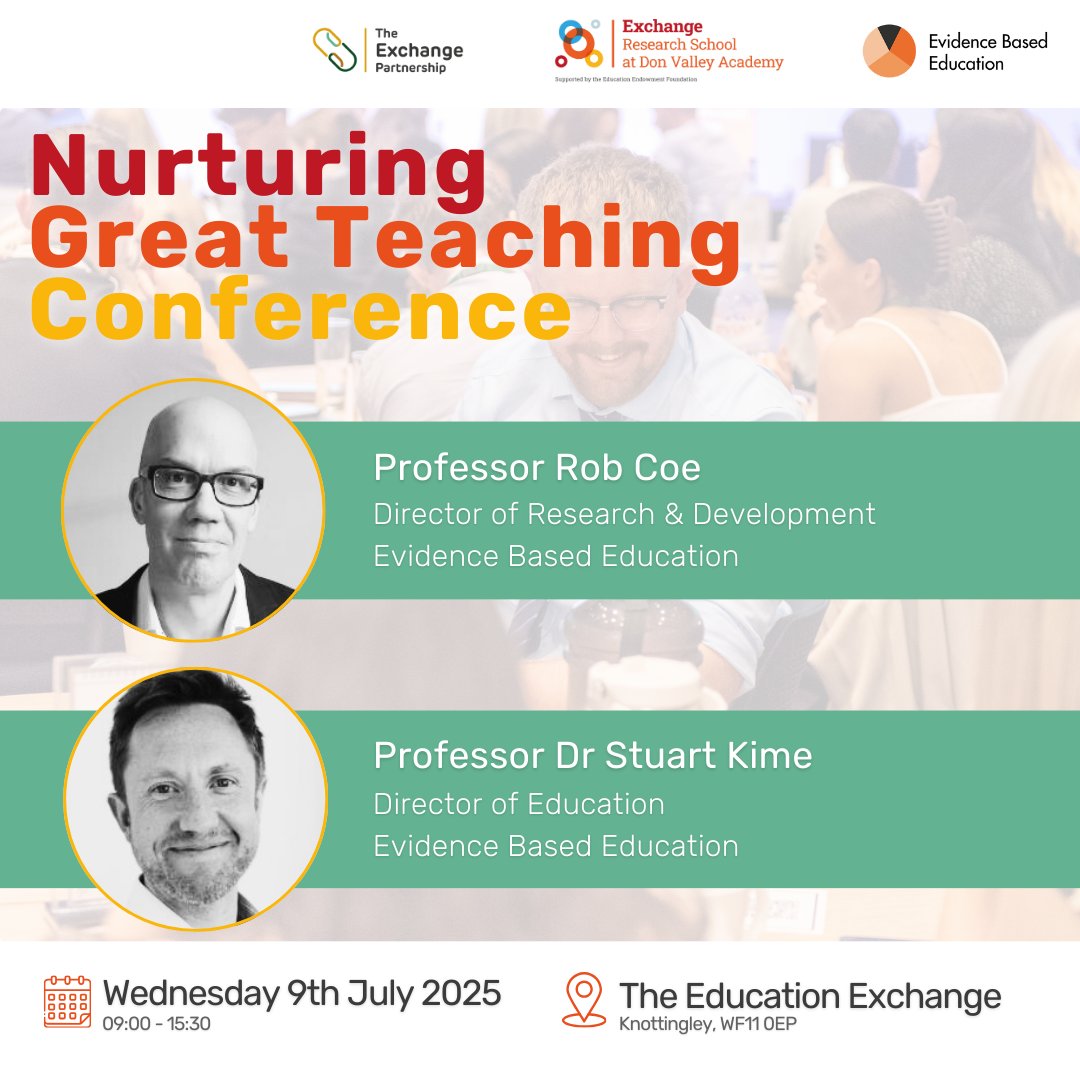 Exchange Research School (@exchange_rs) on Twitter photo 🎤Hear from the experts!
We’re excited to welcome Prof Dr Stuart Kime and Prof Rob Coe of <a href="/EvidenceInEdu/">Evidence Based Education</a> as keynote speakers at our conference. Their expertise will provide invaluable insights to enhance your role as a leader and support great teaching.
🔗ow.ly/rRLN50VP3xY 🎤Hear from the experts!
We’re excited to welcome Prof Dr Stuart Kime and Prof Rob Coe of <a href="/EvidenceInEdu/">Evidence Based Education</a> as keynote speakers at our conference. Their expertise will provide invaluable insights to enhance your role as a leader and support great teaching.
🔗ow.ly/rRLN50VP3xY