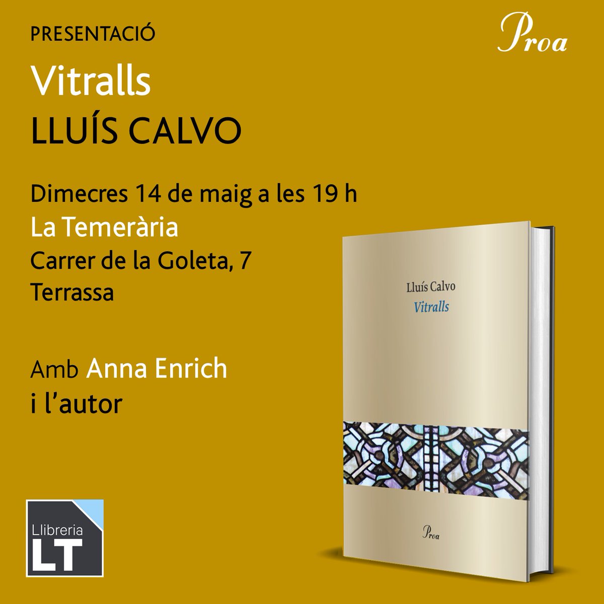 📅🪟Ja teniu pla per demà: <a href="/Lluis_Calvo/">Lluís Calvo</a> presenta el seu llibre #Vitralls:

⏰ Dimecres 14 de maig a les 19 h
📍A la Llibreria <a href="/temeraria2015/">LlibreriaLaTemerària</a>, #Terrassa
🗣 Amb Anna Enrich

➡ Us hi esperem! 
<a href="/Grup62/">Grup62</a>
<a href="/AnnaEnrich5/">Anna Enrich</a>