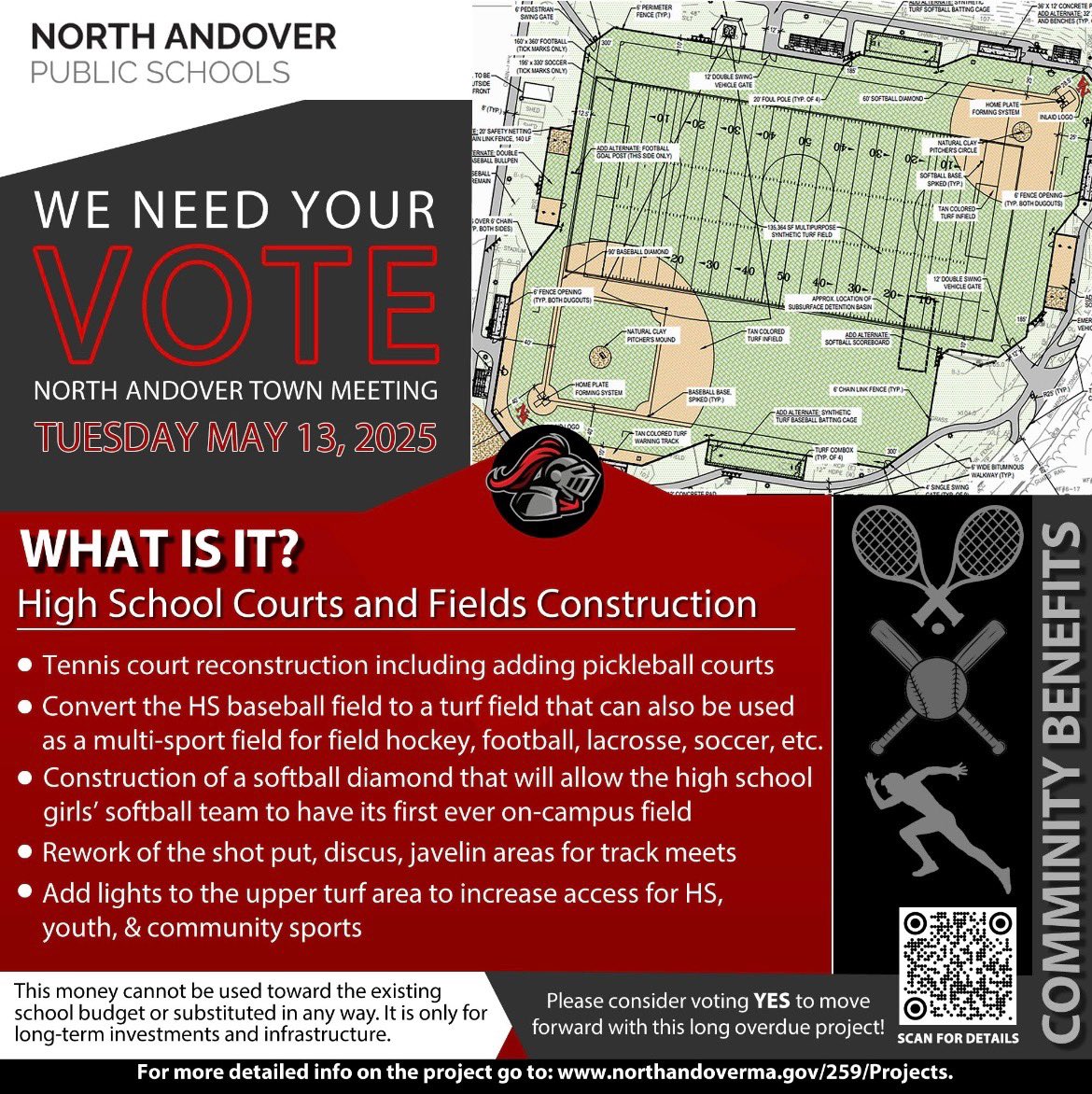 Important town meeting tonight! Your YES vote is needed to pass an important renovation that will give us our own turf field at the HS. The program and town need this for many reasons. Please come vote—if it passes, the team will be playing there next spring.