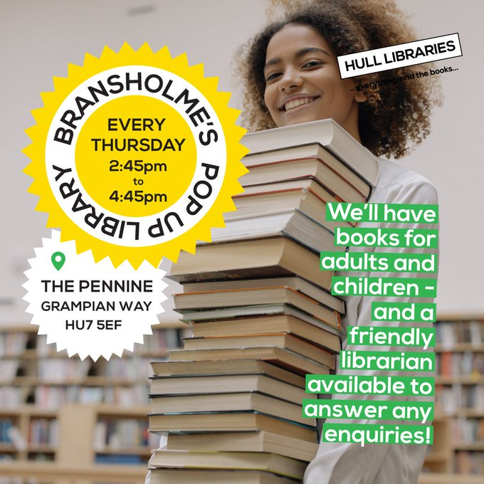 Bransholme's new Pop Up Library! 
Thursdays 2:45 - 4:45pm at The Pennine, Grampian Way, HU7 5EF  
Pop in to the The Pennine and visit our Pop Up Library . We'll be in the café area with a selection of books for adults and children - and a friendly librarian available!