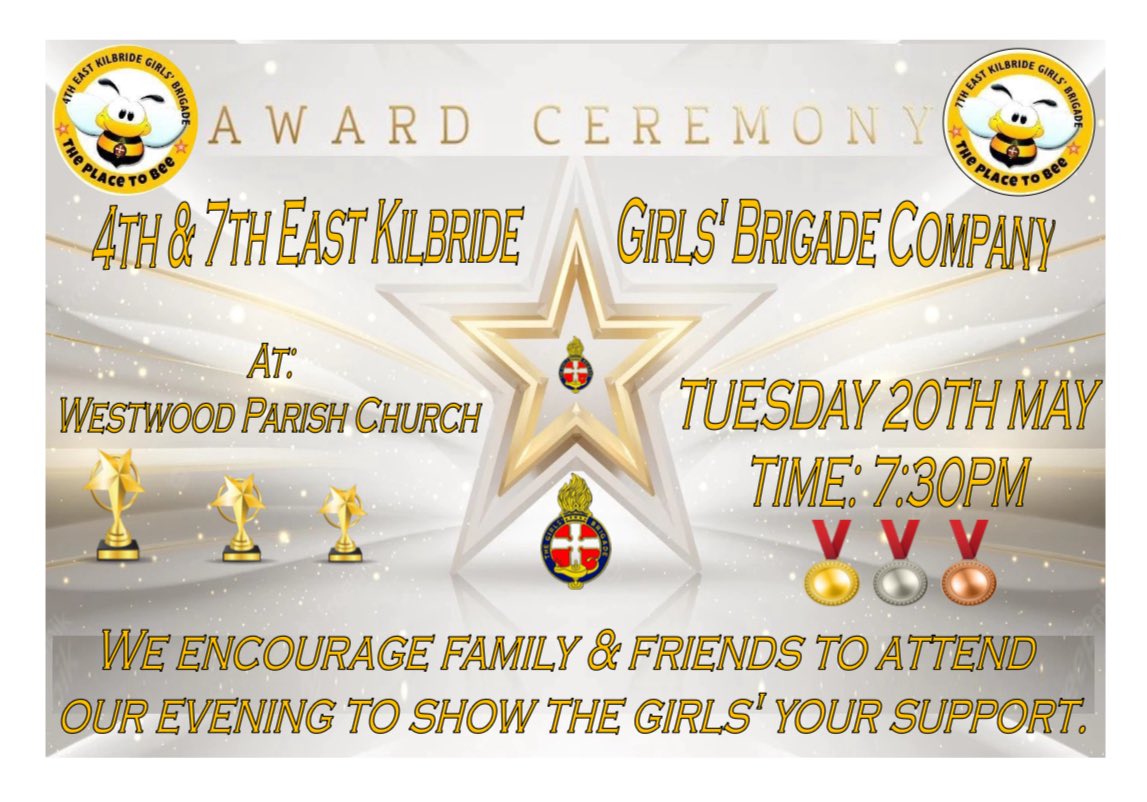 Our 4th &amp; 7th East Kilbride Girls Brigade Companies annual prize giving is on Tuesday 20th May 2025 at 7:30pm, family and friends are welcome to attend this special event xx