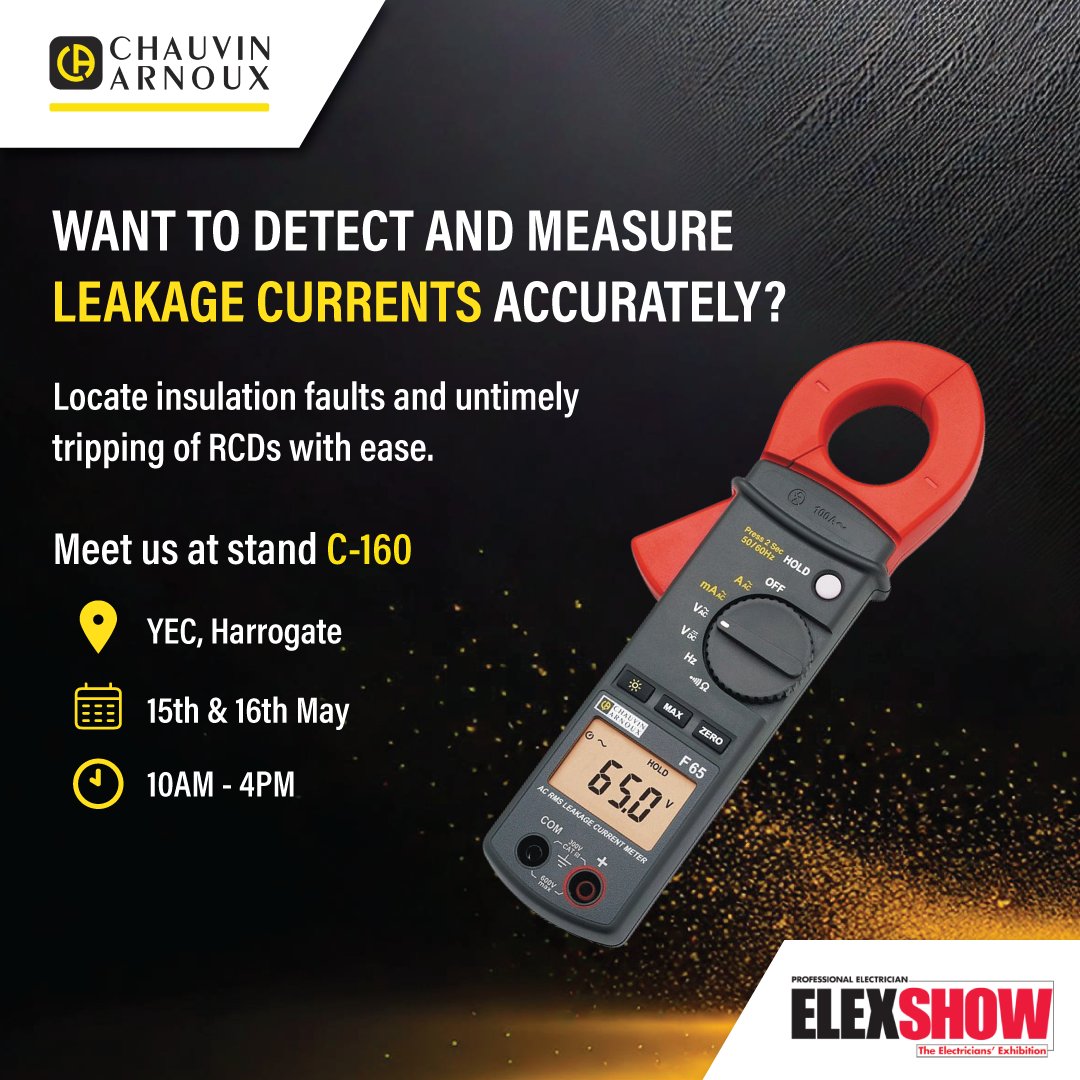 Chauvin Arnoux UK (@chauvinuk) on Twitter photo Only 2 days to go for <a href="/Elexshow/">Elex Trade Show</a> Harrogate!
Looking for a smarter way to track down insulation faults or nuisance RCD tripping? The F65 Clamp Meter has got you covered. 💯
Join us on 15–16 May at Stand C-160, YEC Harrogate for a live demonstration of the F65 clamp firsthand. Only 2 days to go for <a href="/Elexshow/">Elex Trade Show</a> Harrogate!
Looking for a smarter way to track down insulation faults or nuisance RCD tripping? The F65 Clamp Meter has got you covered. 💯
Join us on 15–16 May at Stand C-160, YEC Harrogate for a live demonstration of the F65 clamp firsthand.