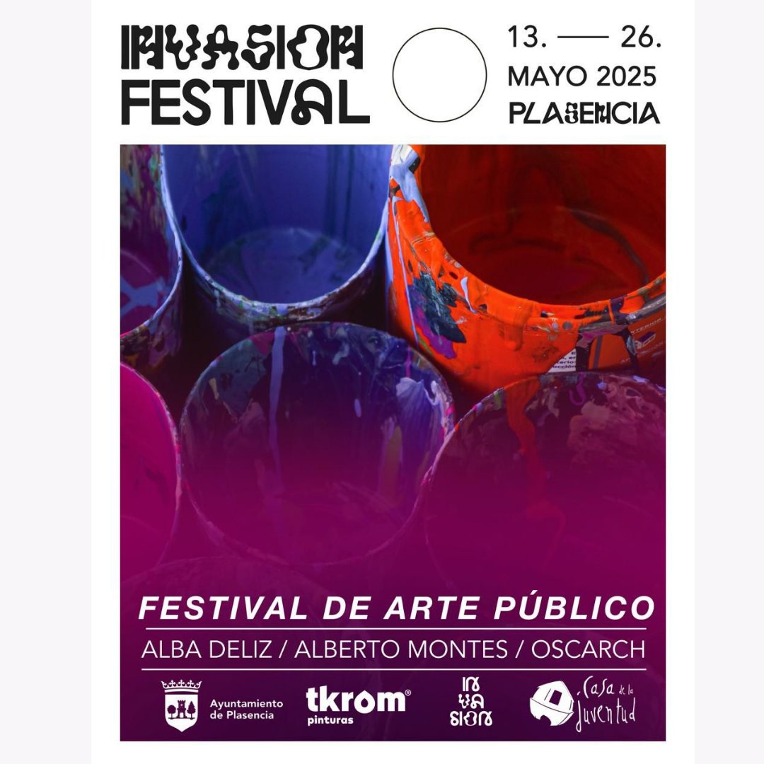 🎨 Plasencia se convierte en un lienzo al aire libre del 13 al 26 de mayo con el #InvasionFest. Alba Deliz, Alberto Montes y Oscarch transformarán nuestras calles en arte vivo. ¡No te lo pierdas! #ArteUrbano #Plasencia #Cultura