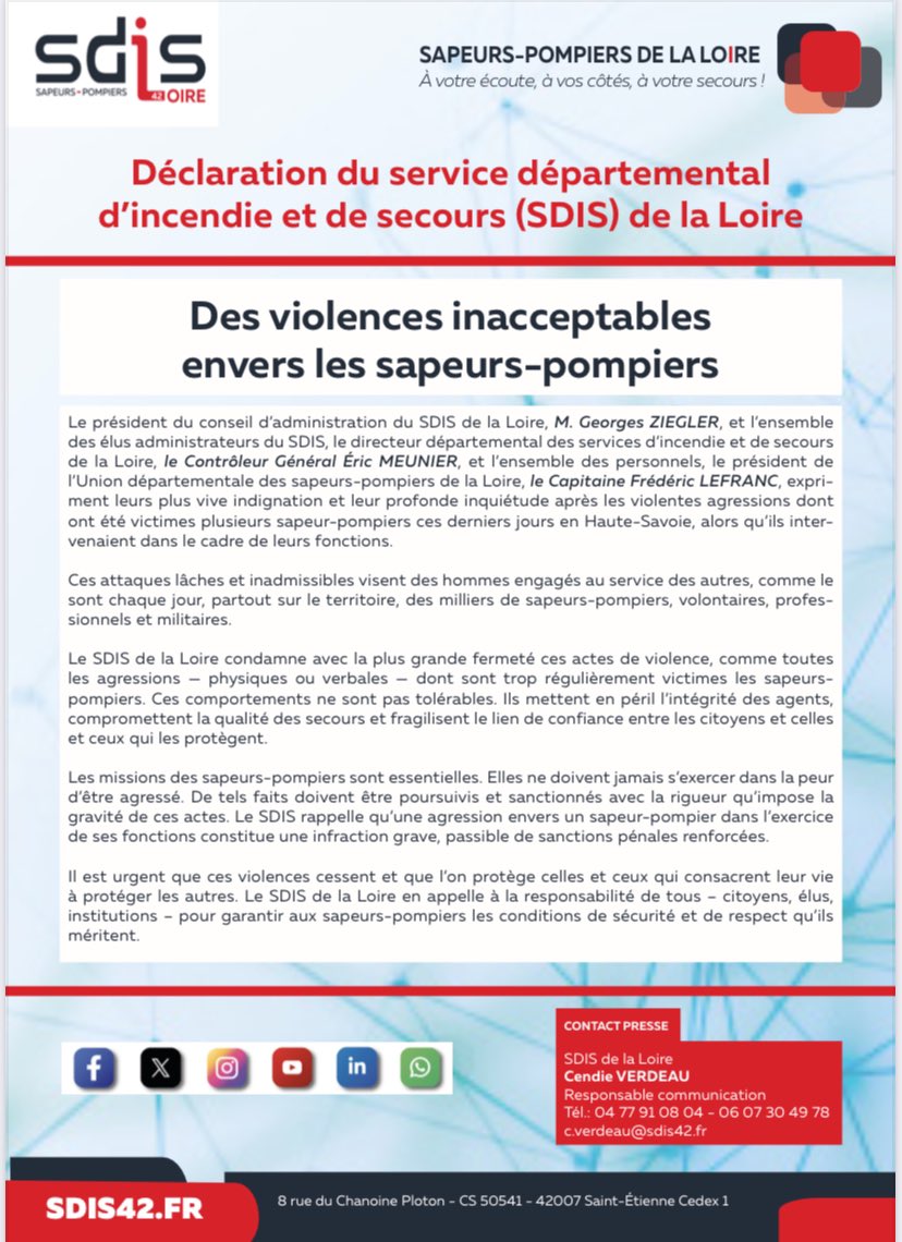 🔴Violences et agressions envers les sapeurs-pompiers: Déclaration du <a href="/sdis42/">Sapeurs-pompiers de la Loire / SDIS 42</a> 
#TouchePasAMonPompier 
<a href="/Prefecture42/">Préfète de la Loire</a> <a href="/Dep_Loire42/">Département de la Loire</a> <a href="/PompiersFR/">Pompiers de France</a> <a href="/SDIS_74/">SDIS 74</a>