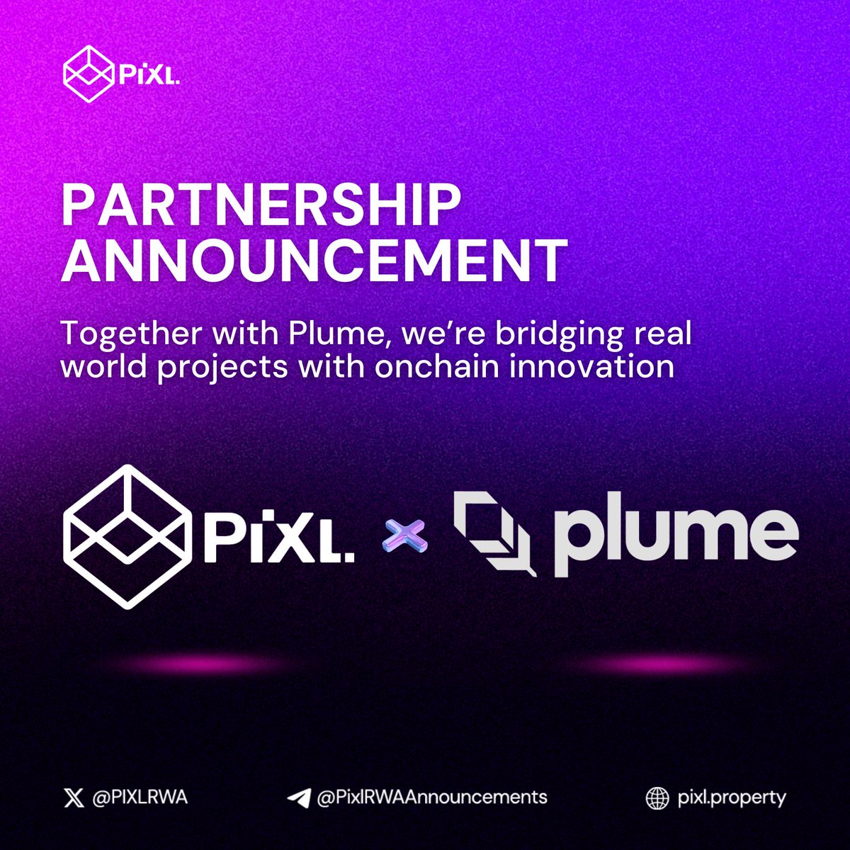 PIXLRWA (@pixlrwa) on Twitter photo 🚨 Big news from PiXL!
We’re thrilled to announce our collaboration with <a href="/plumenetwork/">Plume - RWAfi Chain</a>, the leading L1 chain purpose-built for RWAs.
As one of the most forward-thinking ecosystems in the space, Plume is pioneering how real-world assets connect to Web3 — and we’re proud to be 🚨 Big news from PiXL!
We’re thrilled to announce our collaboration with <a href="/plumenetwork/">Plume - RWAfi Chain</a>, the leading L1 chain purpose-built for RWAs.
As one of the most forward-thinking ecosystems in the space, Plume is pioneering how real-world assets connect to Web3 — and we’re proud to be