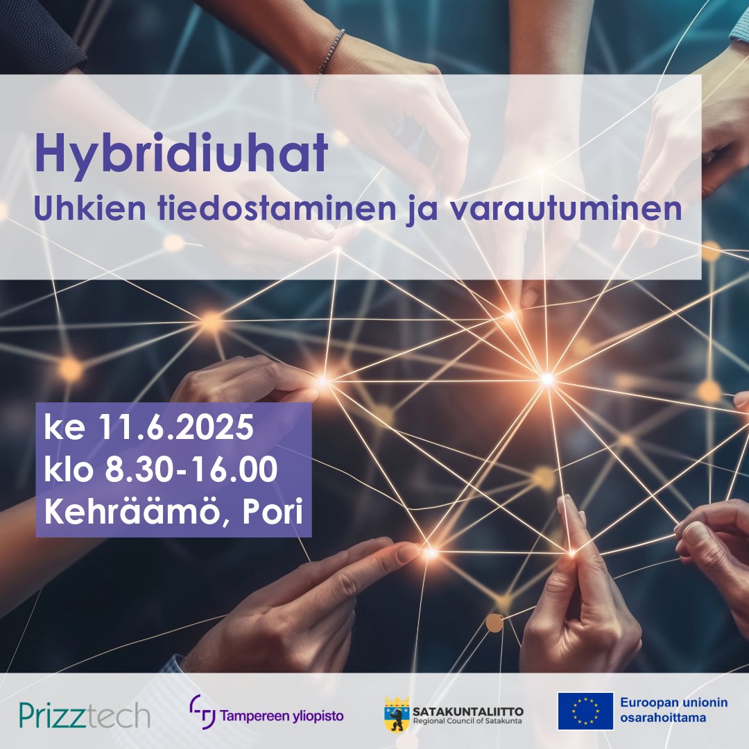 Hybridiuhat – uhkien tiedostaminen ja varautuminen 🔐
11.6.2025 klo 8.30–16.00 Kehräämö, Pori​

👉 Lue lisää ja Ilmoittaudu mukaan: prizz.fi/ajankohtaista/…

💡 Tapahtuma on maksuton ja avoin kaikille.​

#turvallisuus #huoltovarmuus #hybridiuhka #yritysturvallisuus #prizztech