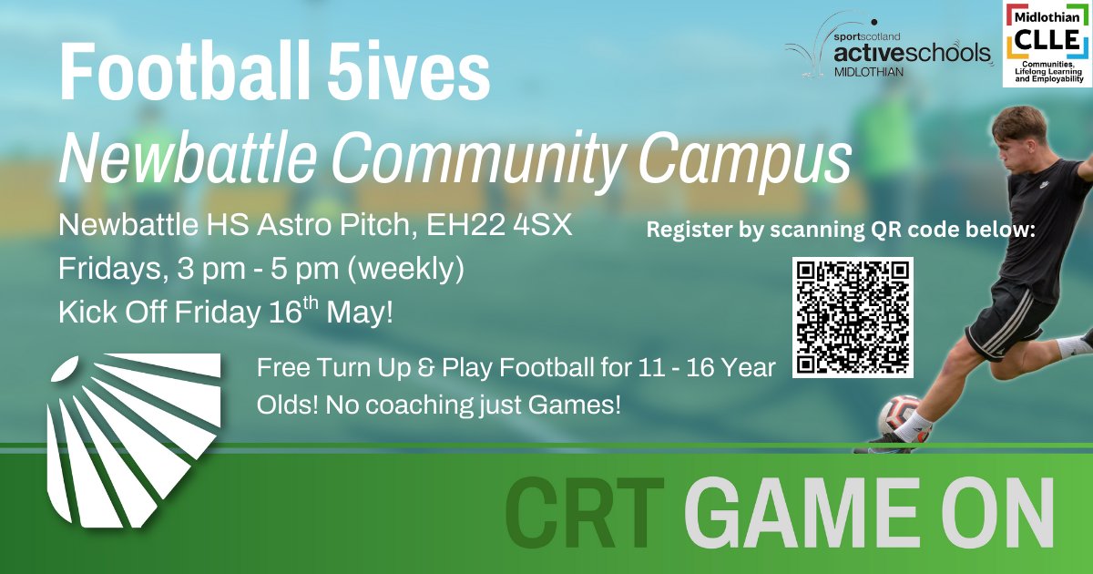Football 5ives... starts tomorrow‼️

Come along for a free kick about and some free food and snacks! ⚽️

Dalkeith Area  S1-S3 Pupils Friday 16th May 2pm - 3.30pm

Newbattle Area 11- 16 year olds Friday 16th May 3pm - 5pm

See flyers for venue info' ⚽️⚽️