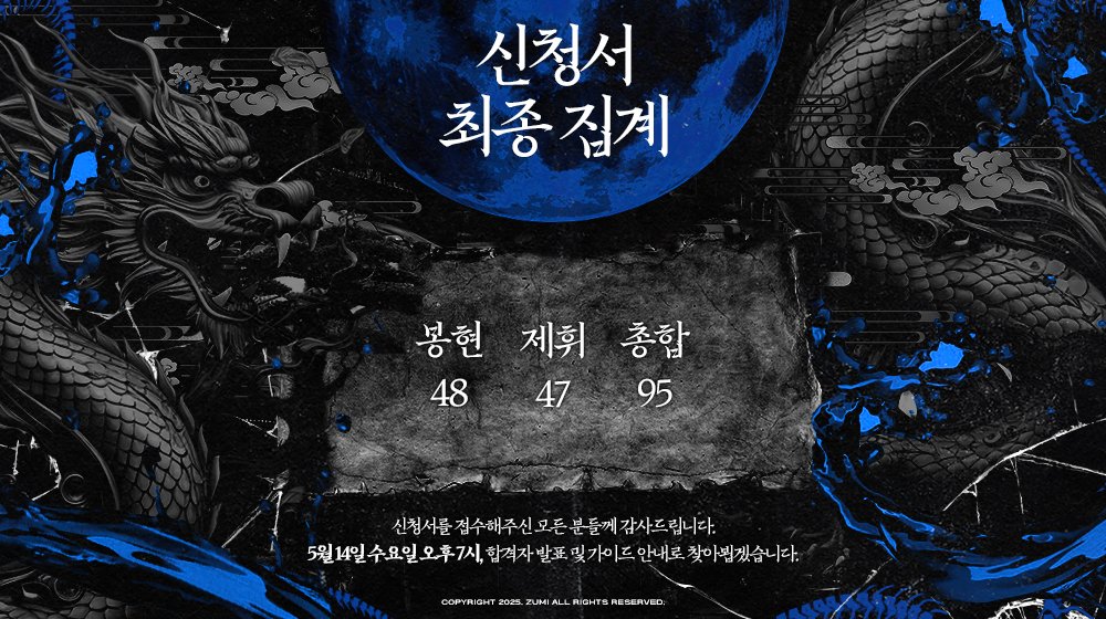 🔷 최종 < 95인 >의 조직원을 확인했습니다.

5월 14일 19시, 진천회의 하늘 위로 파란을 몰고 올 서막이 드리워집니다.