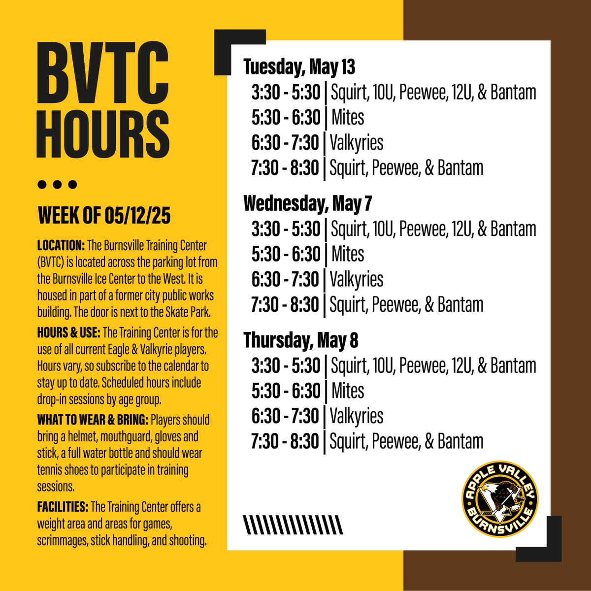 🏒 BVTC HOURS THIS WEEK! 💪🔥
Don't forget your helmet, gloves, stick, &amp; water bottle! 🚰

See you there! 🦅💪 Full schedule: 👉 avbhockey.com/bvtc
#TrainLikeAnEagle #BVTC #AVBHA