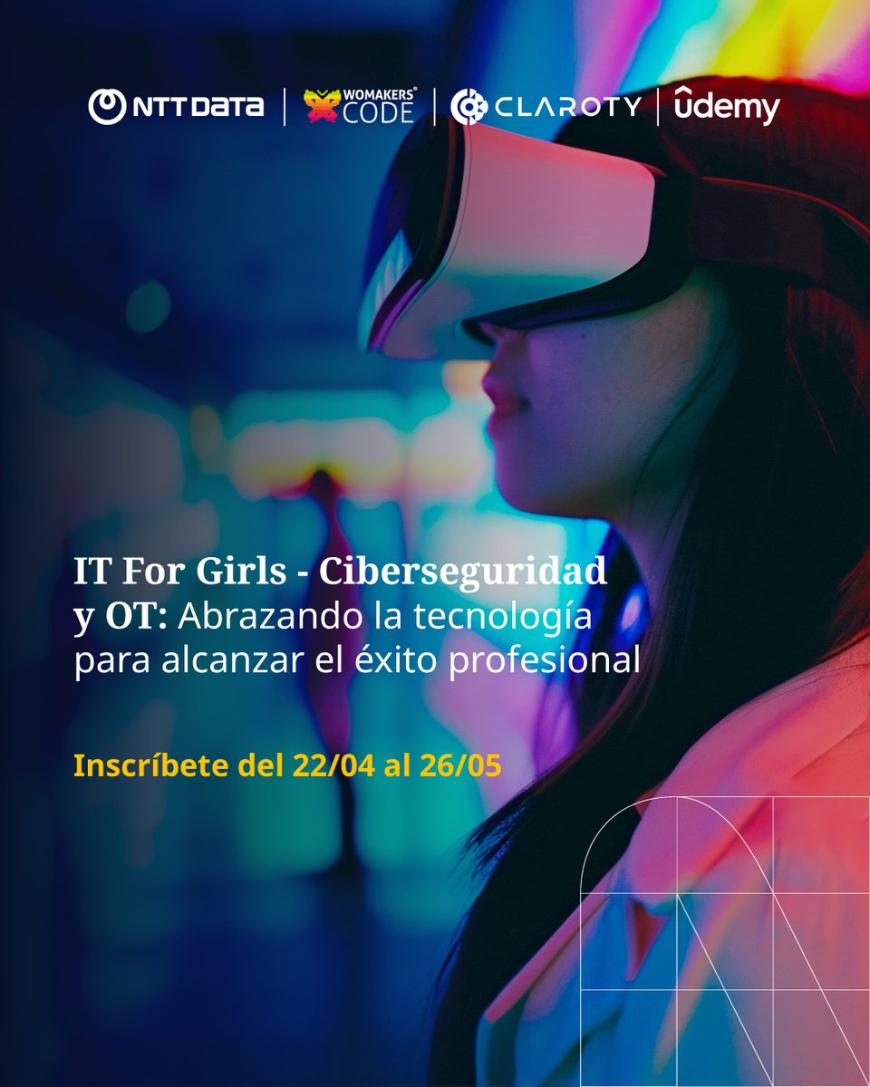 PyladiesEc's tweet image. 🚀 ¡Llega #ITForGirls en español!
Formación gratuita 100% online para mujeres que quieren iniciar en Ciberseguridad y OT 💻
🎓 Becas con @nttdata_latam, Claroty y Udemy
📅 Inscripciones hasta el 26/05
🔗 maismulheres.tech/courses/it-for…
#MujeresEnTech #WoMakersCode