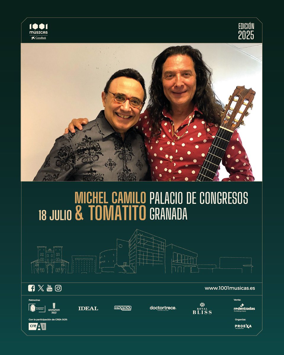 1001musicasfest (@1001musicasfest) on Twitter photo 🎹 Michel Camilo & Tomatito inauguran #1001Músicas – CaixaBank con una fusión única de jazz y flamenco.
Dos leyendas. Un mismo escenario. Y Granada como testigo.
📅 Jueves 18 de julio
📍 <a href="/pcongresosgrx/">Palacio de Congresos de Granada.</a> , Granada
🎟 Entradas en en 1001musicas.es
<a href="/redentradas/">redentradas.com</a> 🎹 Michel Camilo & Tomatito inauguran #1001Músicas – CaixaBank con una fusión única de jazz y flamenco.
Dos leyendas. Un mismo escenario. Y Granada como testigo.
📅 Jueves 18 de julio
📍 <a href="/pcongresosgrx/">Palacio de Congresos de Granada.</a> , Granada
🎟 Entradas en en 1001musicas.es
<a href="/redentradas/">redentradas.com</a>