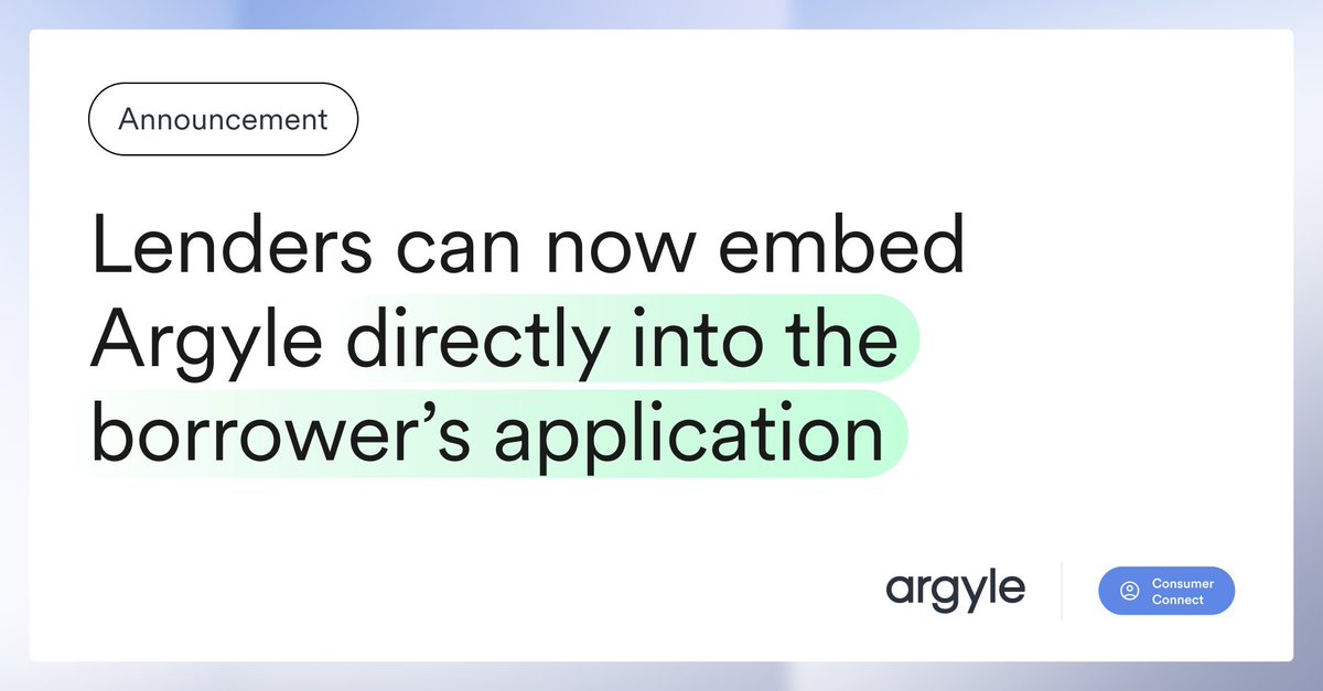 Argyle is live in Encompass® Consumer Connect™ from ICE Mortgage Technology!

Lenders can embed Argyle’s real-time, consumer-permissioned VOIE directly into the borrower’s application—removing friction, boosting conversion and accelerating time to close.
hubs.la/Q03mh1G80