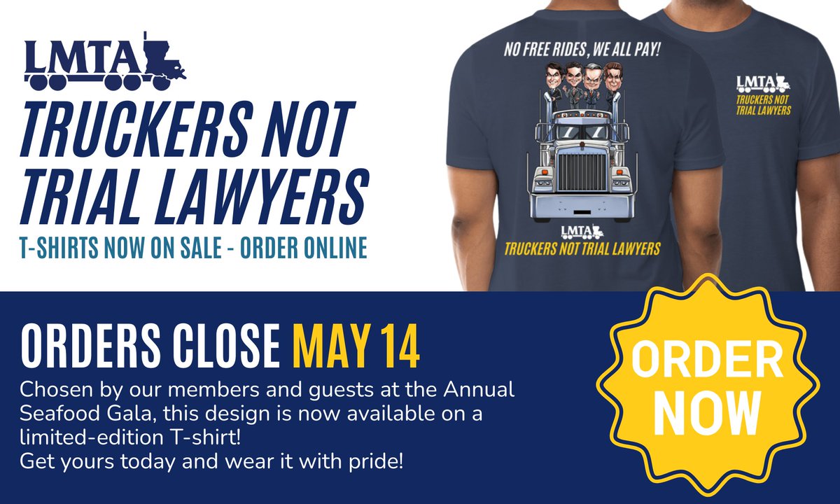 TruckinginLA's tweet photo. “Truckers Not Trial Lawyers” T-shirt is here — and it’s the design YOU chose at this year’s Gala! 👕

🗓️ Order deadline: TOMORROW – May 14
🔗 https://t.co/A2fdRJRQYs 
Show your support. Make a statement. 

#MakeInsuranceAffordableAgain #TruckersNotTrialLawyers https://t.co/IYnfZE3q83