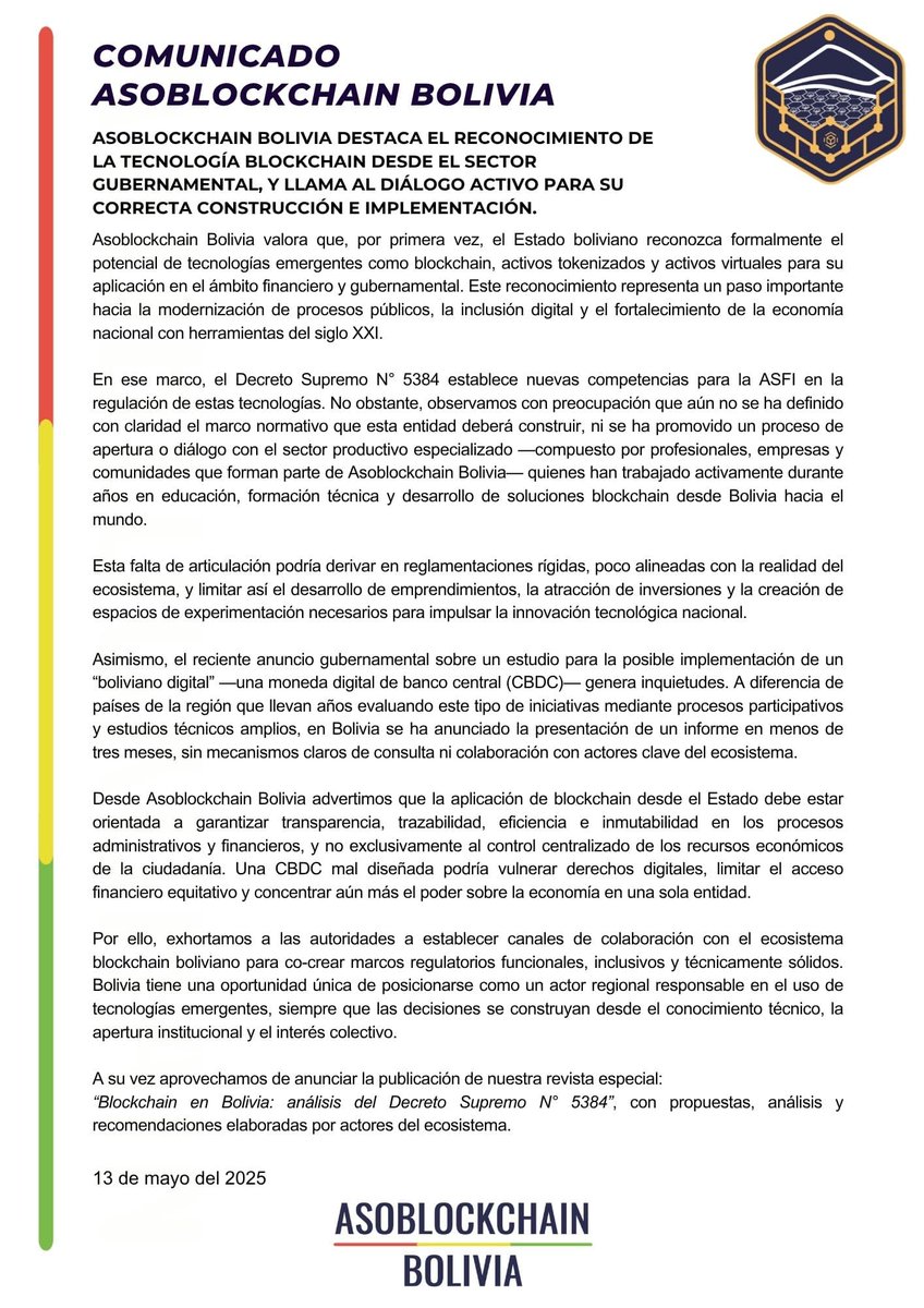 asoblockchainbo's tweet image. 📢 Desde Asoblockchain Bolivia nos pronunciamos sobre el DS N° 5384, el uso de blockchain y la posible llegada de las CBDC impulsadas por el BCB.

⚠️ Compartimos nuestras observaciones y propuestas.

👉 Lee el comunicado completo:

#Asoblockchain #BlockchainBolivia #DS5384 #Web3