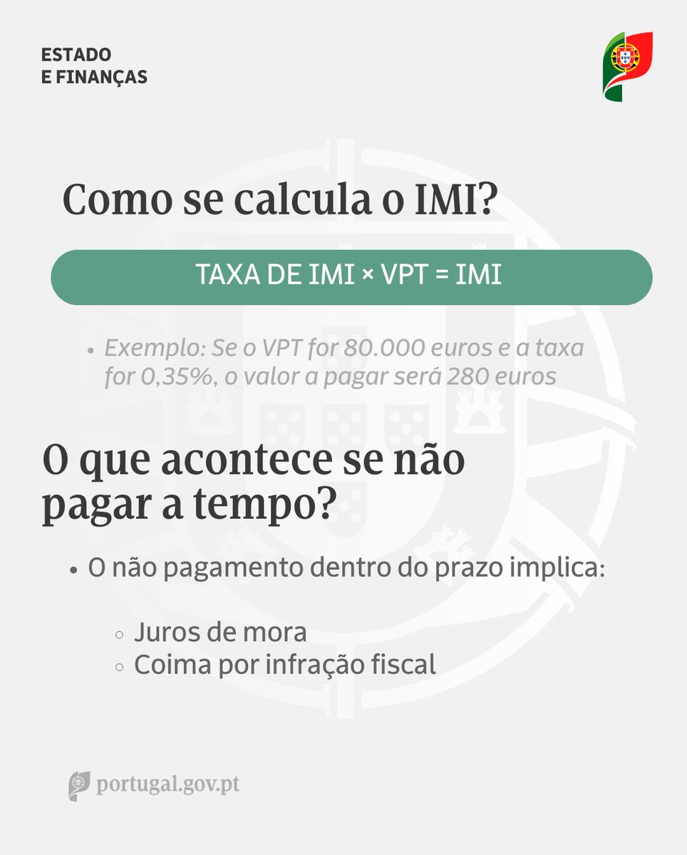 Saiba mais sobre o IMI. Descubra como é calculado, os prazos de pagamento para 2025 e o que acontece se não pagar a tempo. 

Saiba mais em: portugal.gov.pt/pt/gc24/comuni…