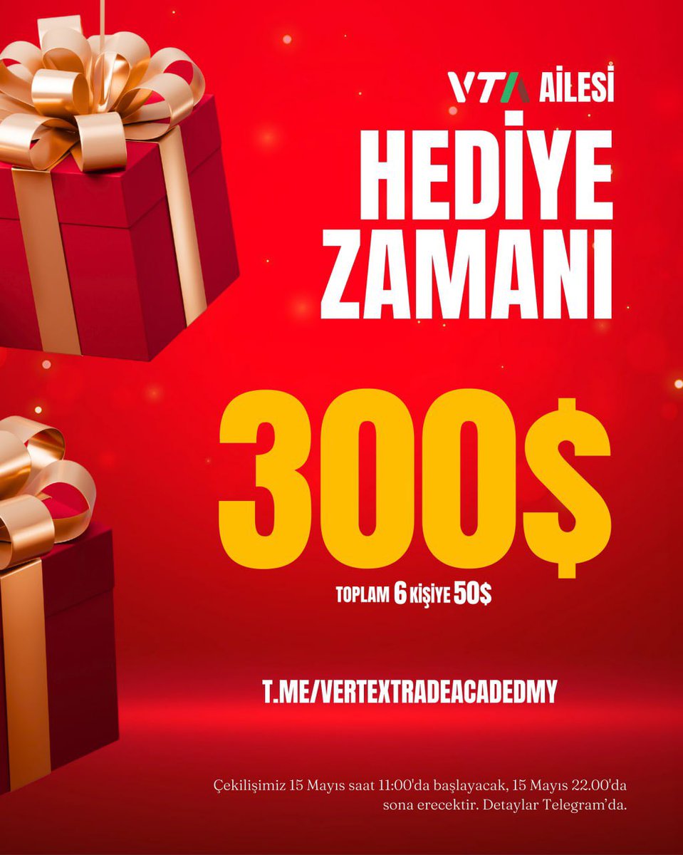 Vertex Ailesi, Hediye Zamanı!

15 Mayıs saat 11.00’de Telegram kanalımızda başlayacak ve aynı gün saat 22.00’de sona erecek hediye etkinliğimize seni de bekliyoruz!

Toplam 300$ Hediye Ediyoruz!

Katılım çok basit:
1️⃣ <a href="/TraderBerkan1/">TraderBerkan</a> hesabını takip et
2️⃣ Vertex Trade Academy