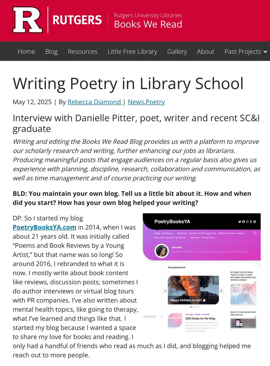 Books We Read @ Chang (@bwr_chang) on Twitter photo Farewell and best wishes to our blogger, poet, and SC&I graduate <a href="/dani_pitter/">Danielle Pitter</a> with this fascinating interview on writing #poetry at grad school and more.
<a href="/RULibraries/">Rutgers University Libraries</a> <a href="/RutgersCommInfo/">Rutgers School of Communication and Information</a>
#poetrylovers #graduation2025 #libraries #writerslife
sites.rutgers.edu/books-we-read/… Farewell and best wishes to our blogger, poet, and SC&I graduate <a href="/dani_pitter/">Danielle Pitter</a> with this fascinating interview on writing #poetry at grad school and more.
<a href="/RULibraries/">Rutgers University Libraries</a> <a href="/RutgersCommInfo/">Rutgers School of Communication and Information</a>
#poetrylovers #graduation2025 #libraries #writerslife
sites.rutgers.edu/books-we-read/…
