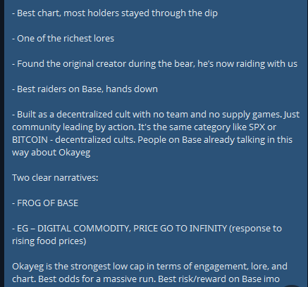 I’m incredibly lucky to have the opportunity to be in an alpha group alongside people like:

<a href="/remp0x/">remp ♔</a> <a href="/theunipcs/">Unipcs (aka 'Bonk Guy') 🎒</a> <a href="/DefiRabbitHole/">DefiRabbitHole 🐇 🕳</a> <a href="/1aboc/">aboc</a> <a href="/xbtDLN/">DLN</a> @AgentJ61780559 @Filldozer <a href="/OxLawliet/">OxLawliet</a>

These are true beasts of this market. Today I was asked to write a thesis on $OKAYEG, and what I