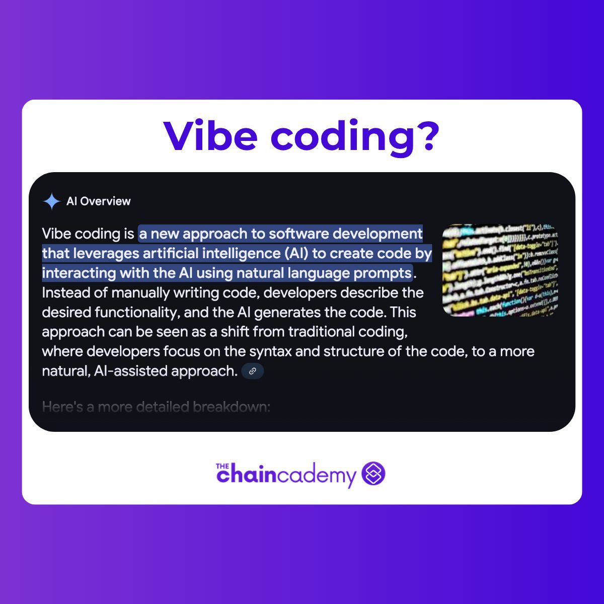 thechaincademy's tweet image. 💭 What if you could code just by explaining what you want?
That’s the idea behind vibe coding: describe logic in plain English, AI writes the code.

No syntax. Just collaboration.

We’re exploring this at ChainCademy. Would you try it?
#VibeCoding #AIinDev #FutureOfCoding