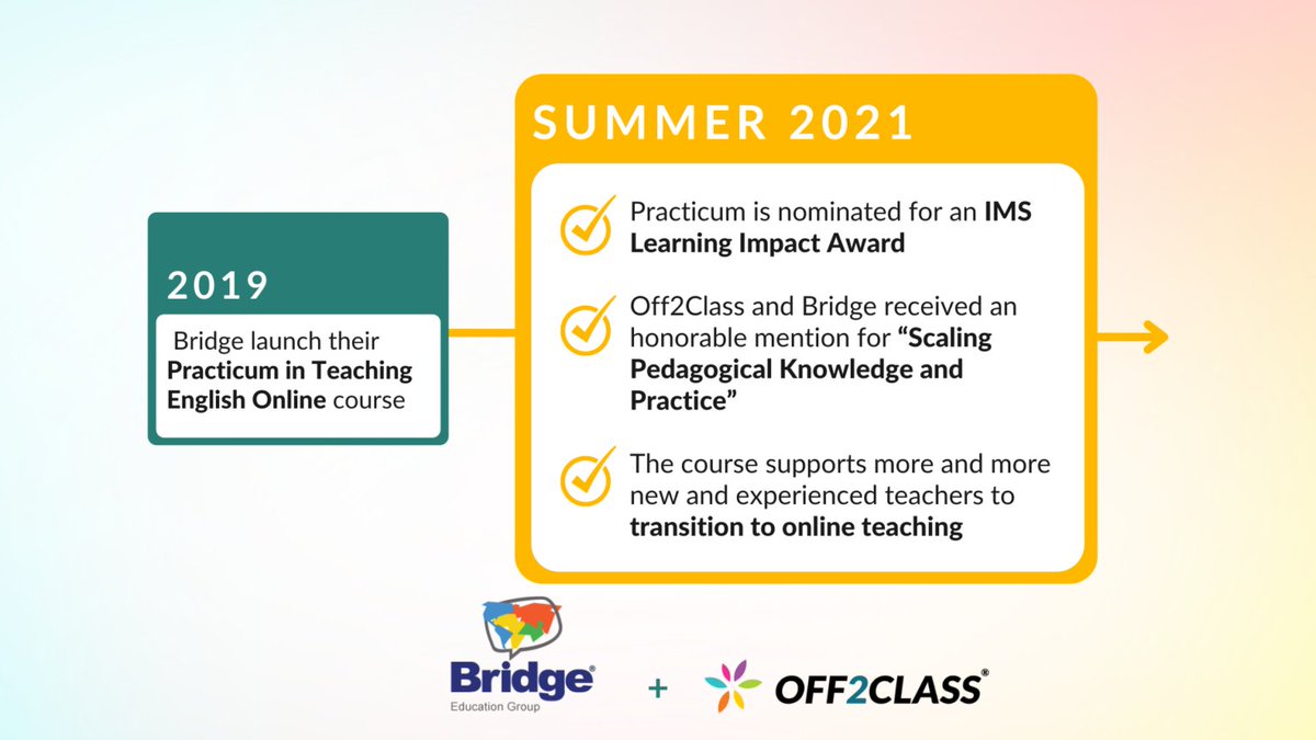 Off2Class's tweet image. "We’ve partnered with Off2Class to give our students first-hand experience teaching English
online!" Learn how Bridge Education Group is using Off2Class to offer an industry-leading teacher training program. off2class.com/customer-stori… #off2class #eslteachers