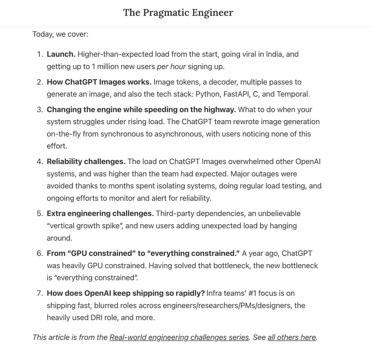 Pragmatic_Eng's tweet image. OpenAI's biggest-ever launch happened on 25 March: releasing ChatGPT Images.
100M new users in the first week
700M images generated in 7 days
1M new users/hour signing up at peek
The eng team told us how exactly they pulled it off. All the details: newsletter.pragmaticengineer.com/p/chatgpt-imag…