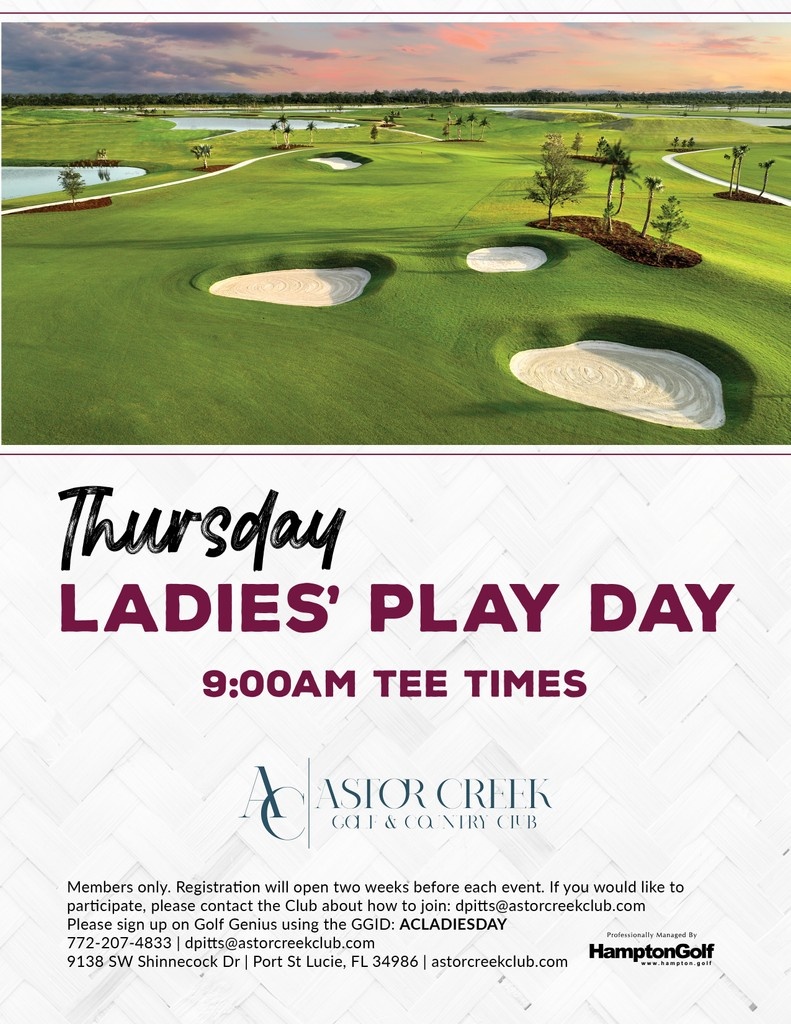 Calling all Ladies!🏌️‍♀️ Join us for Thursday Ladies' Play Day!⁠
⁠
Thursdays | 9:00AM Tee Times⁠
Registration will open two weeks before each event via Golf Genius. (GGID: 𝐀𝐂𝐋𝐀𝐃𝐈𝐄𝐒𝐃𝐀𝐘)⁠
⁠
Members only.