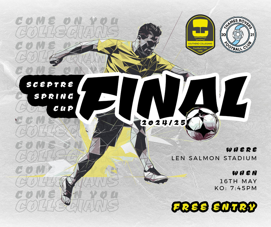 Southend Collegians (@official_scfc) on Twitter photo 🏆 <a href="/SceptreLeague21/">Official Sceptre League</a> SPRING CUP FINAL – TAKE TWO
We return May 17 to replay the Final vs. <a href="/ThamesRoversFC/">Thames Rovers FC</a>, after the original match was abandoned following a serious injury to our player, Ricky Marsh.
📍 Len Salmon Stadium (Bowers & Pitsea FC)
🕢 KO: 7:45PM
🎟️ FREE ENTRY 🏆 <a href="/SceptreLeague21/">Official Sceptre League</a> SPRING CUP FINAL – TAKE TWO
We return May 17 to replay the Final vs. <a href="/ThamesRoversFC/">Thames Rovers FC</a>, after the original match was abandoned following a serious injury to our player, Ricky Marsh.
📍 Len Salmon Stadium (Bowers & Pitsea FC)
🕢 KO: 7:45PM
🎟️ FREE ENTRY