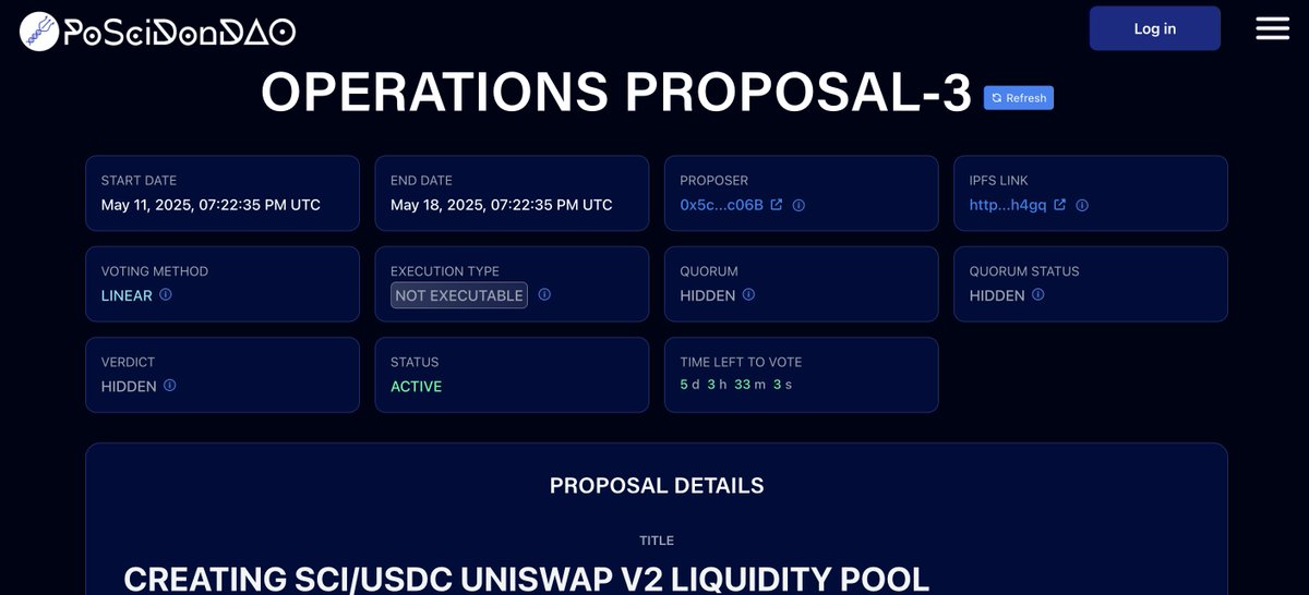 🚨 New On-Chain Proposal 🚨

🆕 Proposal: Replace the current SCI/WETH liquidity pool with SCI/USDC

This marks the first community proposal to graduate from off-chain to on-chain on the PoSciDonDAO dApp.

Cast your vote directly on the dApp:
🔗protocol.poscidondao.com/governance/ope…

Let’s show