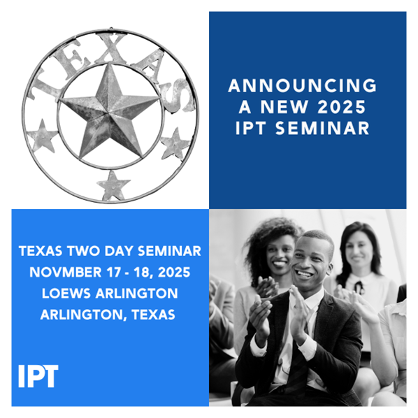 The Texas Two Day Seminar will deliver in depth, state specific content across sales &amp; property tax, designed to inform &amp; connect state and local tax professionals with business interests in the Lone Star State. ipt.org

Cost:
IPT Members: $595
Non-Members: $1095