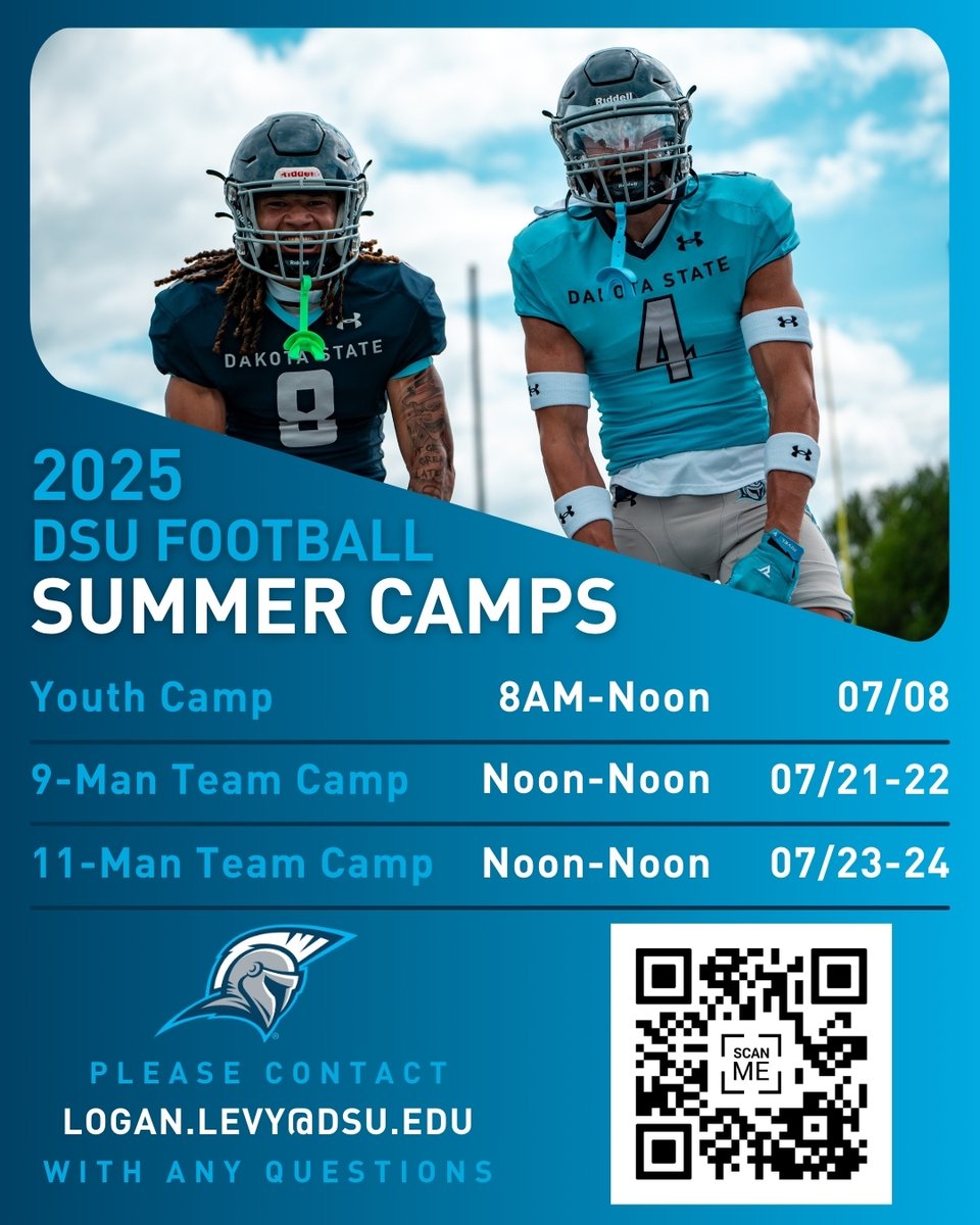 Dakota State Football (@dsufootball) on Twitter photo 🏈 2025 DSU Football Summer Camps
📅 Youth Camp: July 8 (8AM–Noon)
📅 9-Man: July 21–22 (Noon–Noon)
📅 11-Man: July 23–24 (Noon–Noon)
Scan the QR or contact logan.levy@dsu.edu for more info!
#DSUFootball #TrojanPride 🏈 2025 DSU Football Summer Camps
📅 Youth Camp: July 8 (8AM–Noon)
📅 9-Man: July 21–22 (Noon–Noon)
📅 11-Man: July 23–24 (Noon–Noon)
Scan the QR or contact logan.levy@dsu.edu for more info!
#DSUFootball #TrojanPride
