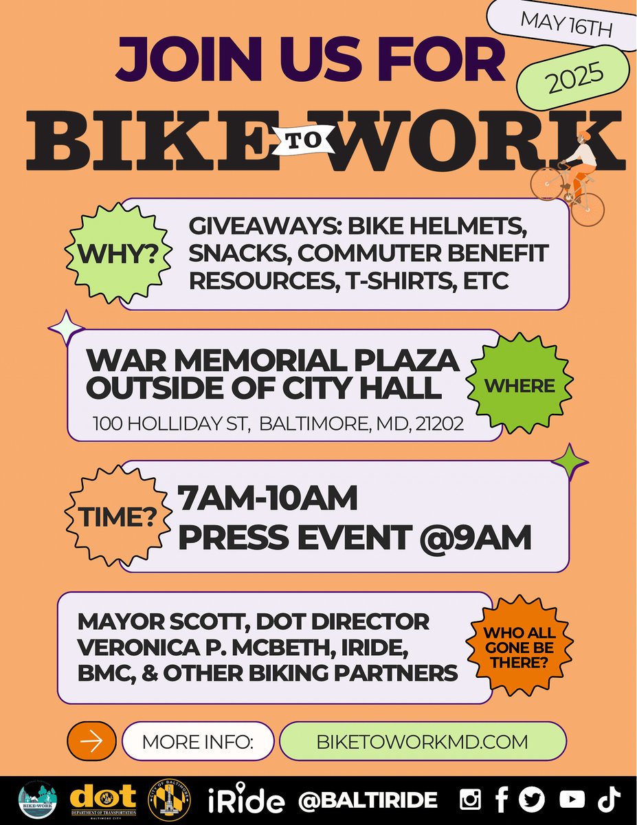 🚲Baltimore! Celebrate #BikeToWorkWeek (May 12–18) and join us on #BikeToWorkDay (May 16 7-10 AM)🚴

📍War Memorial Plaza, 100 Holliday St, Baltimore (21202)
🎉Free t-shirts &amp; snacks!
🖊️Register: biketoworkmd.com/register

#BikeBaltimore #BikeMonth2025 #TransportationEquity #BikeMD