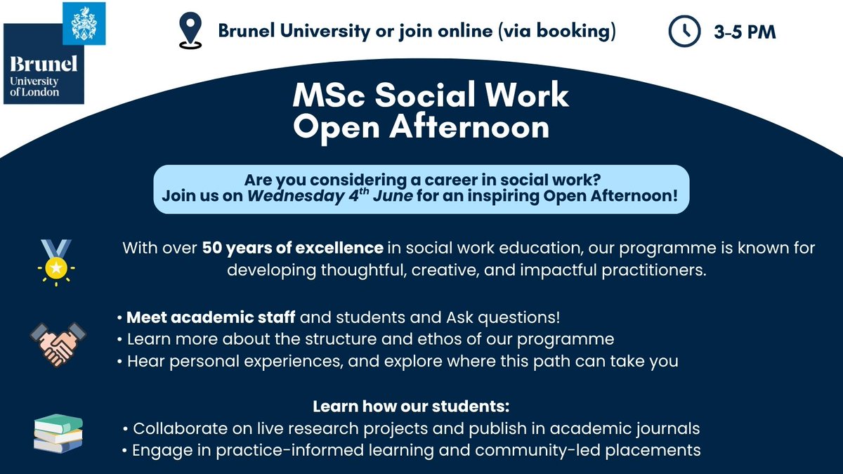 Book your place at our Open Afternoon on 4 June (3-5 PM UK time), in-person or online: bit.ly/BrunelSocialWo…