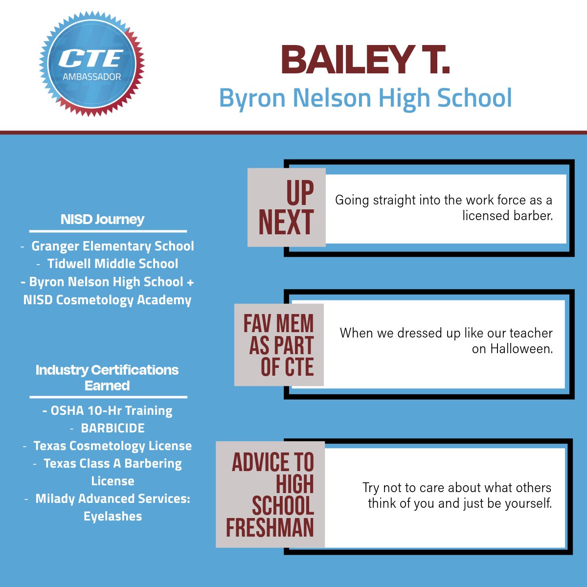 NISD CTE (@nisdcte) on Twitter photo 🎓Congrats to Class of '25 NISD CTE Ambassador BAILEY T. | <a href="/NISDCosmetology/">NISDCosmetology</a> + <a href="/ByronNelsonHigh/">Byron Nelson HS</a> 🍎Bailey would like to recognize CTE Academy Facilitator Heather Fowler for working so hard, making learning fun + keeping her laughing. Read about Bailey⬇️ 🎓Congrats to Class of '25 NISD CTE Ambassador BAILEY T. | <a href="/NISDCosmetology/">NISDCosmetology</a> + <a href="/ByronNelsonHigh/">Byron Nelson HS</a> 🍎Bailey would like to recognize CTE Academy Facilitator Heather Fowler for working so hard, making learning fun + keeping her laughing. Read about Bailey⬇️