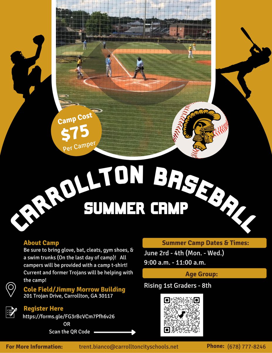 Trojan baseball will host their annual summer camp coming up on June 2-4! It is for all rising 1st - 8th graders! If you would like to sign up, please scan the QR code on the flyer or click on the following registration link: forms.gle/6XujEEtawDKYxZ…
