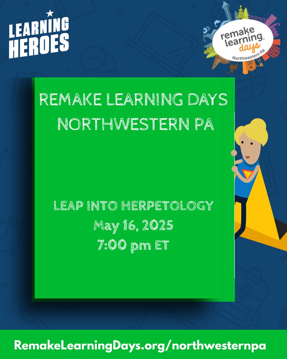 Learning Heroes (@bealearninghero) on Twitter photo Discover the wild world of reptiles and amphibians at Leap Into Herpetology during <a href="/RemakeDays/">Remake Learning Days</a> in Northwestern PA! 🦎🌿
Families will get hands-on with real critters, learn about their habitats, and become junior herpetologists for a day. It's science, nature, and fun all Discover the wild world of reptiles and amphibians at Leap Into Herpetology during <a href="/RemakeDays/">Remake Learning Days</a> in Northwestern PA! 🦎🌿
Families will get hands-on with real critters, learn about their habitats, and become junior herpetologists for a day. It's science, nature, and fun all