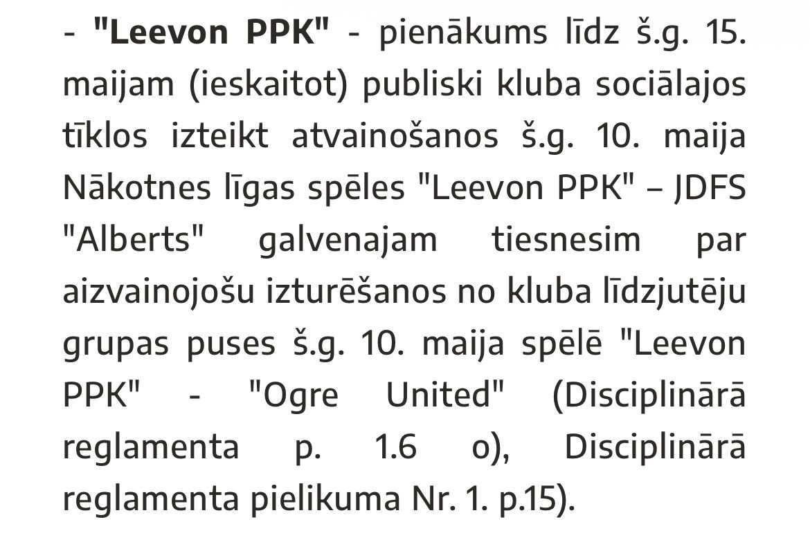 LeevonPPK's tweet photo. Atvainojamies šī gada Nākotnes līgas spēles ''Leevon PPK'' - JDFS ''Alberts'' galvenajam tiesnesim par aizvainojošu izturēšanos no mūsu kluba līdzjutēju grupas puses š.g. 10. maija spēlē "Leevon PPK" - "Ogre United". https://t.co/lCimtum4jj