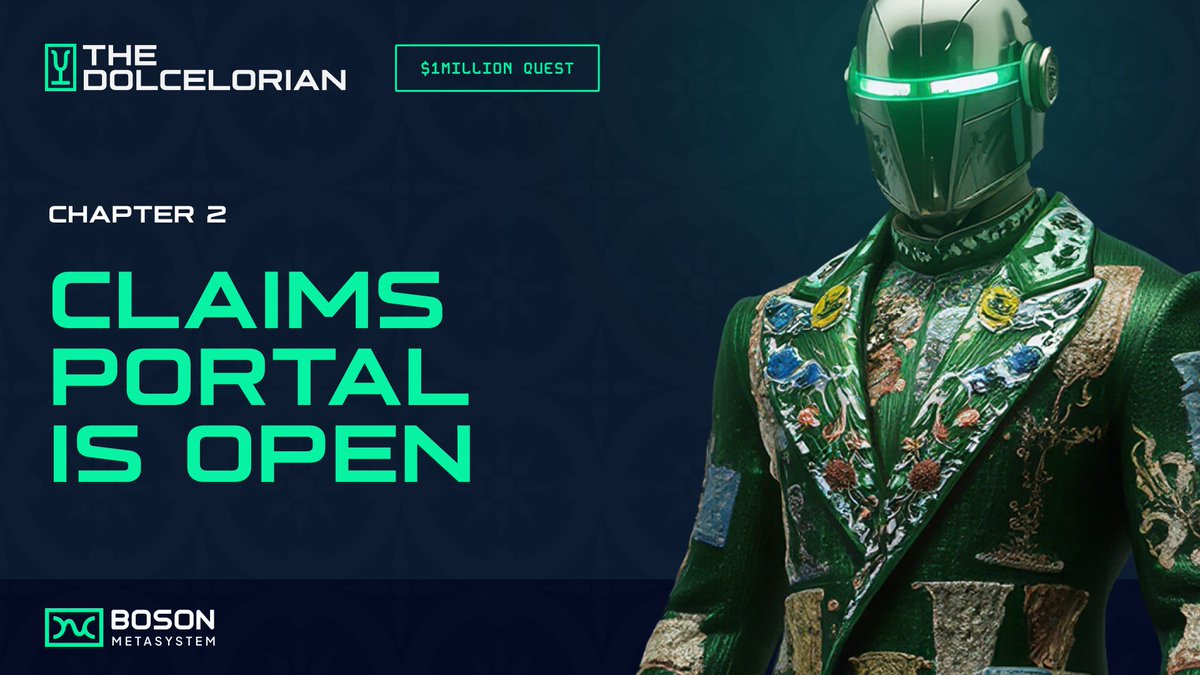 BosonProtocol's tweet image. 🎉 Chapter 2 Rewards Portal Open!
Claim your Chapter 2 Retrospective Airdrop tokens 💰

How to claim your rewards: 
1. Ask @TheDolcelorian in a tweet
👉 Example tweet: “Hey @TheDolcelorian, how do I claim my Chapter 2 rewards?”
2. Follow the instructions.

🤖 The Dolcelorian…