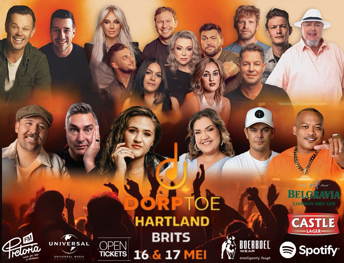 Die GROOTSTE verhoog wat Brits &amp; Hartebeespoort omgewing nog gesien het met die GROOTSTE hoeveelheid kunstenaars!! Nog net 3 Dae dan is dit tyd vir die Dorptoe Fees.

Kry jou kaartjie nou hier👉🏼 of by die hekke opentickets.co.za/DorptoeHartland
