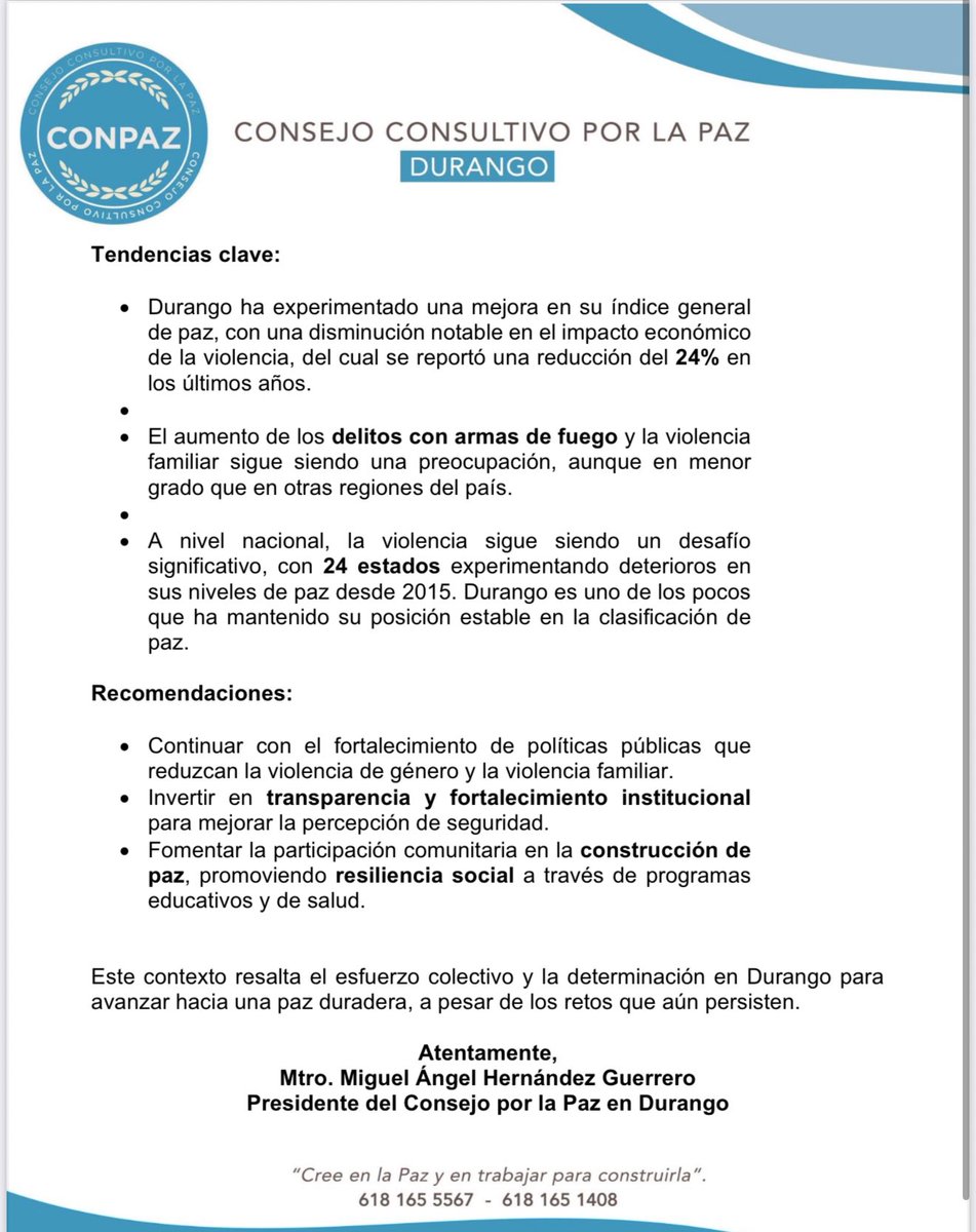 ConsejoPazDgo's tweet image. Durango se posiciona como el 3er estado más pacífico del país según el Índice de Paz México 2025.
Reconocemos los avances, pero también los retos. La paz se construye todos los días.
#Durango #Paz2025 #ConsejoPorLaPaz