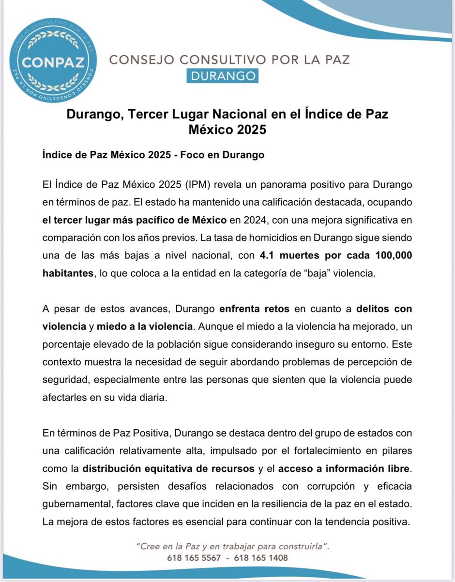 ConsejoPazDgo's tweet image. Durango se posiciona como el 3er estado más pacífico del país según el Índice de Paz México 2025.
Reconocemos los avances, pero también los retos. La paz se construye todos los días.
#Durango #Paz2025 #ConsejoPorLaPaz