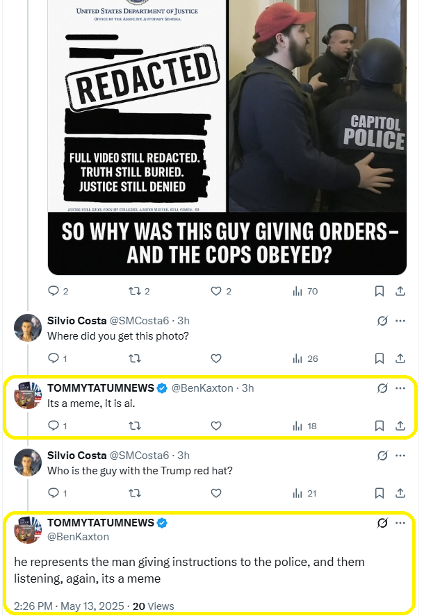 MasaSpalatin's tweet photo. @K2theSky @SMCosta6 @BenKaxton Tommy Tatum #Potatum just casually confessing he uses manipulated photos to rewrite what happened on J6. https://t.co/f08EKJxLXP