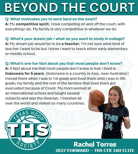 Texas Hoop Society - Central Texas (@thshoopz_ctx) on Twitter photo 🔦 Beyond the Court Q&A with #34 <a href="/rtorres2027/">Rachel Torres</a>
Get to know the game, goals, and personality of this rising baller — on and off the hardwood. 📷 #StudentAthlete #BeyondtheCourt 🔦 Beyond the Court Q&A with #34 <a href="/rtorres2027/">Rachel Torres</a>
Get to know the game, goals, and personality of this rising baller — on and off the hardwood. 📷 #StudentAthlete #BeyondtheCourt
