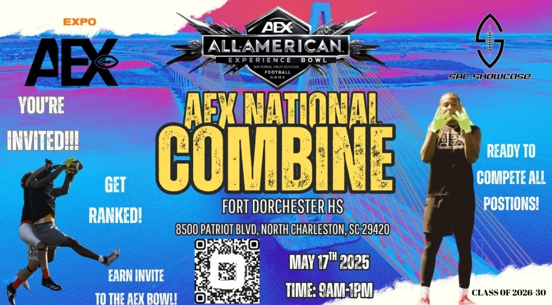 SAC SHOWCASE 🏈 (@sacshowcase) on Twitter photo <a href="/zack_zurawski/">Zack Zurawski</a> YOU'RE INVITED TO THE AEX NATIONAL COMBINE SOUTH CAROLINA POWERED BY SAC SHOWCASE AND EXPO RECRUITS MAY 17TH
Fort Dorchester HS
8500 Patriot Blvd, North Charleston, SC 29420
PURCHASE YOU’RE TICKET TO COMPETE: square.link/u/sifGob3r <a href="/zack_zurawski/">Zack Zurawski</a> YOU'RE INVITED TO THE AEX NATIONAL COMBINE SOUTH CAROLINA POWERED BY SAC SHOWCASE AND EXPO RECRUITS MAY 17TH
Fort Dorchester HS
8500 Patriot Blvd, North Charleston, SC 29420
PURCHASE YOU’RE TICKET TO COMPETE: square.link/u/sifGob3r