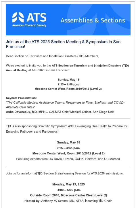 ATS Section on Terrorism and Inhalation Disasters (@atstidsection) on Twitter photo Join us at <a href="/ATSTIDSection/">ATS Section on Terrorism and Inhalation Disasters</a> annual meeting on Sunday, May 18th 7:15-9:00 PM PT!
<a href="/ATS_EOPH/">ATS EOPH</a> <a href="/ATS_Assemblies/">ATS_Assemblies</a> Join us at <a href="/ATSTIDSection/">ATS Section on Terrorism and Inhalation Disasters</a> annual meeting on Sunday, May 18th 7:15-9:00 PM PT!
<a href="/ATS_EOPH/">ATS EOPH</a> <a href="/ATS_Assemblies/">ATS_Assemblies</a>