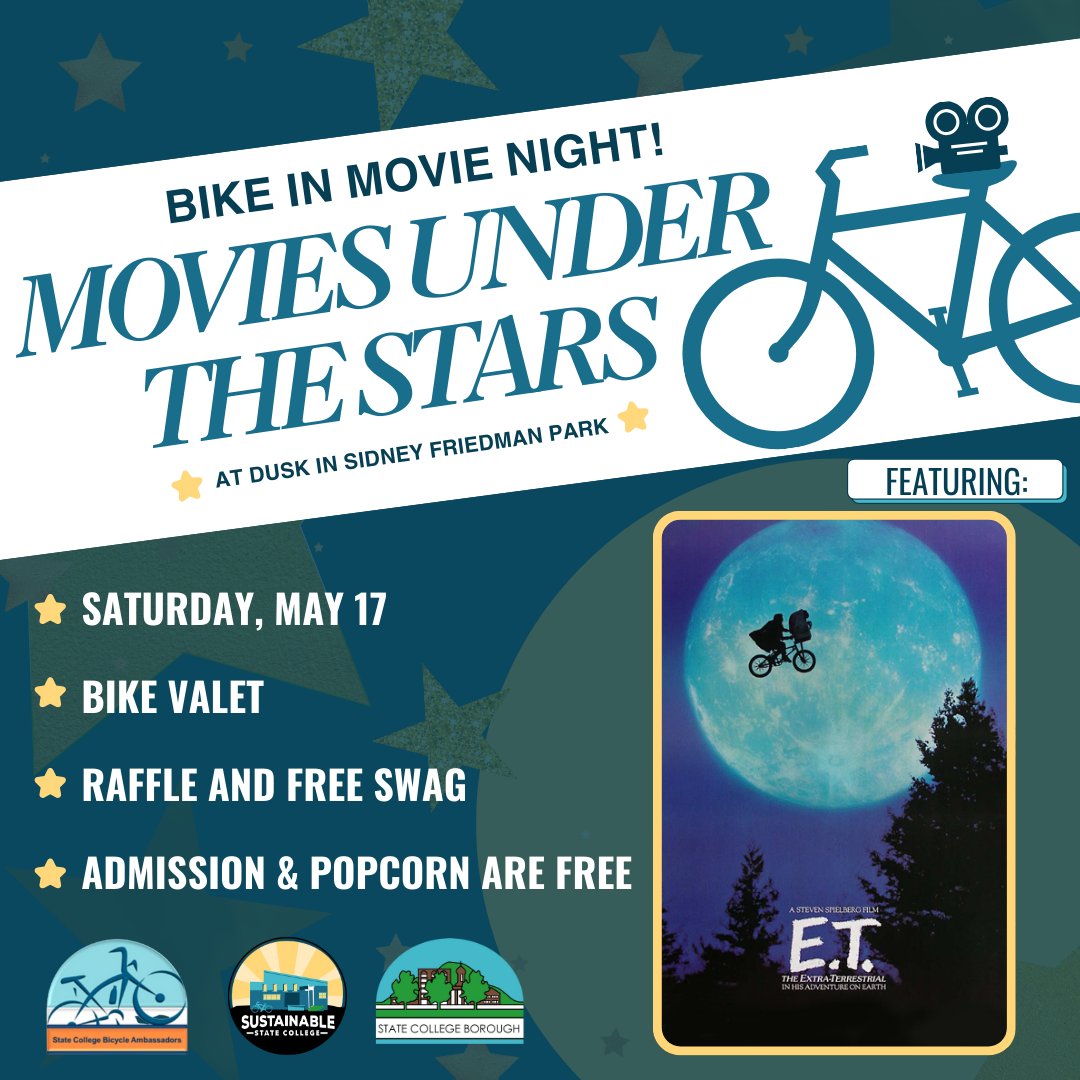For National Bike Month, Sustainable State College invites you to watch a “Movie Under the Stars” at Sidney Friedman Park. Enjoy “E.T. The Extra-Terrestrial” starting at dusk. Admission and popcorn are FREE.

→ For more information, visit bit.ly/scbmovies.
