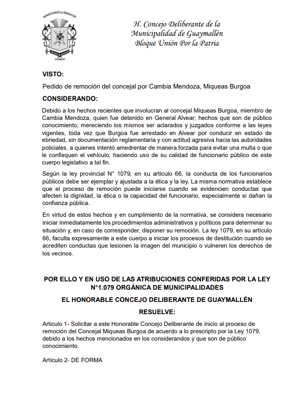 PozzoliJose's tweet photo. 🚨 ¡Exigimos la remoción inmediata del concejal Miqueas Burgoa! 🚨

Hoy presenté un pedido formal de remoción ante el HCDG para Miqueas Burgoa, luego de su detención por conducir alcoholizado, sin documentación y resistirse al arresto. https://t.co/ESa77BS7fN